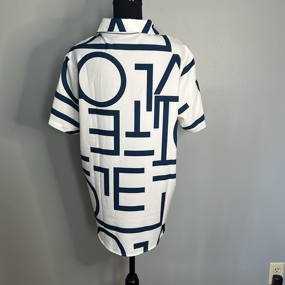 Mens Letter Graphic Casual Button Down Shirt White/Navy Blue - Picture 2 of 2